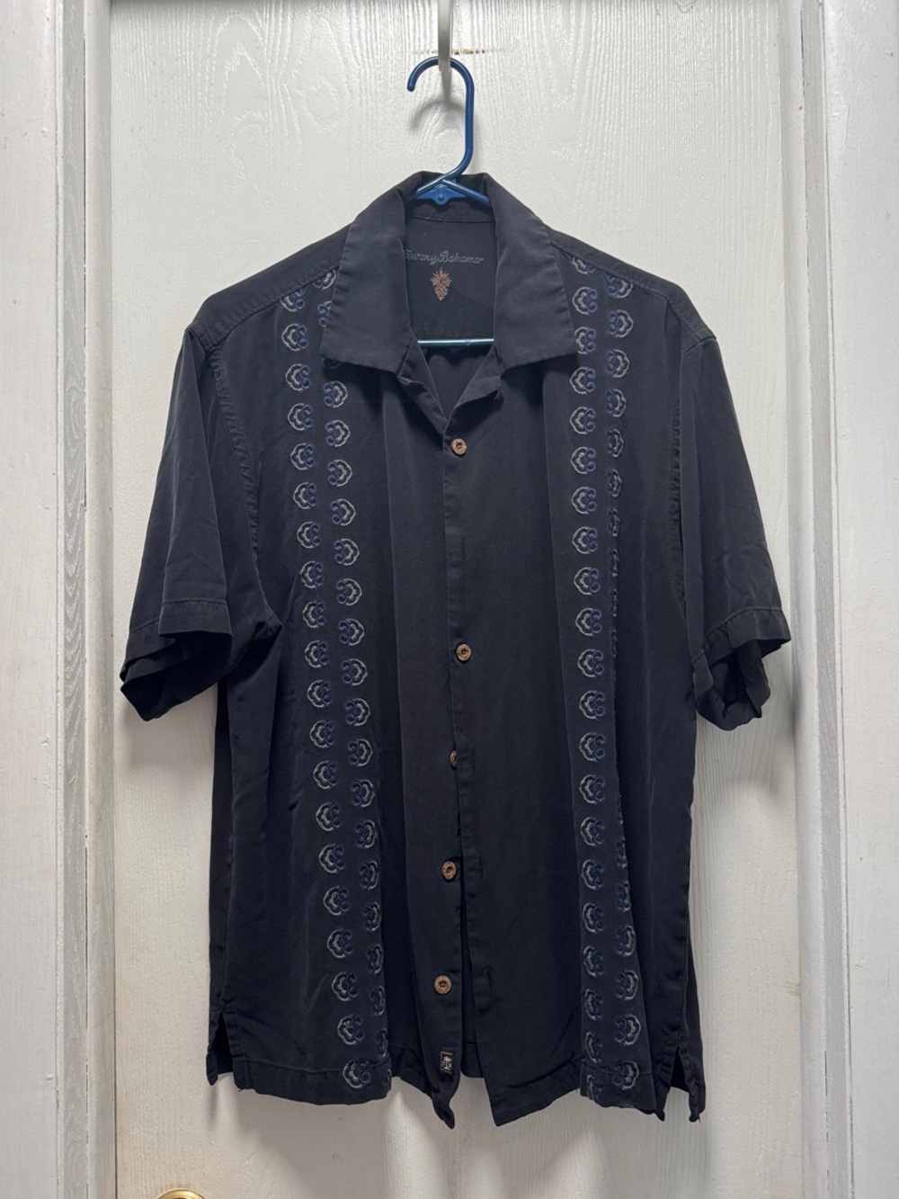 Tommy Bahama Black Short-Sleeve Button-Down with Indigo Accent Embroidery